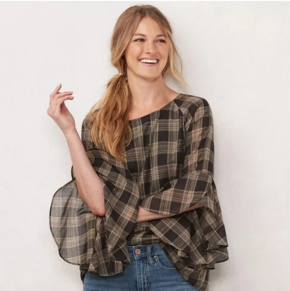 LC Lauren Conrad Brown and black plaid open door back with large ruffles sleeves
